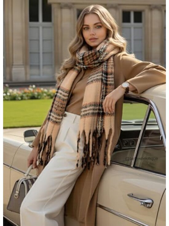 Oversized Plaid Blanket Scarf Chunky Knit Shawl Tassel Winter Wrap main image 3